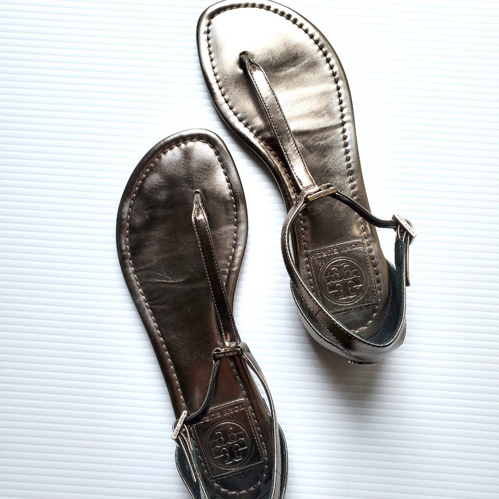 Tory Burch Metallic Leather Logo T Strap Sandals